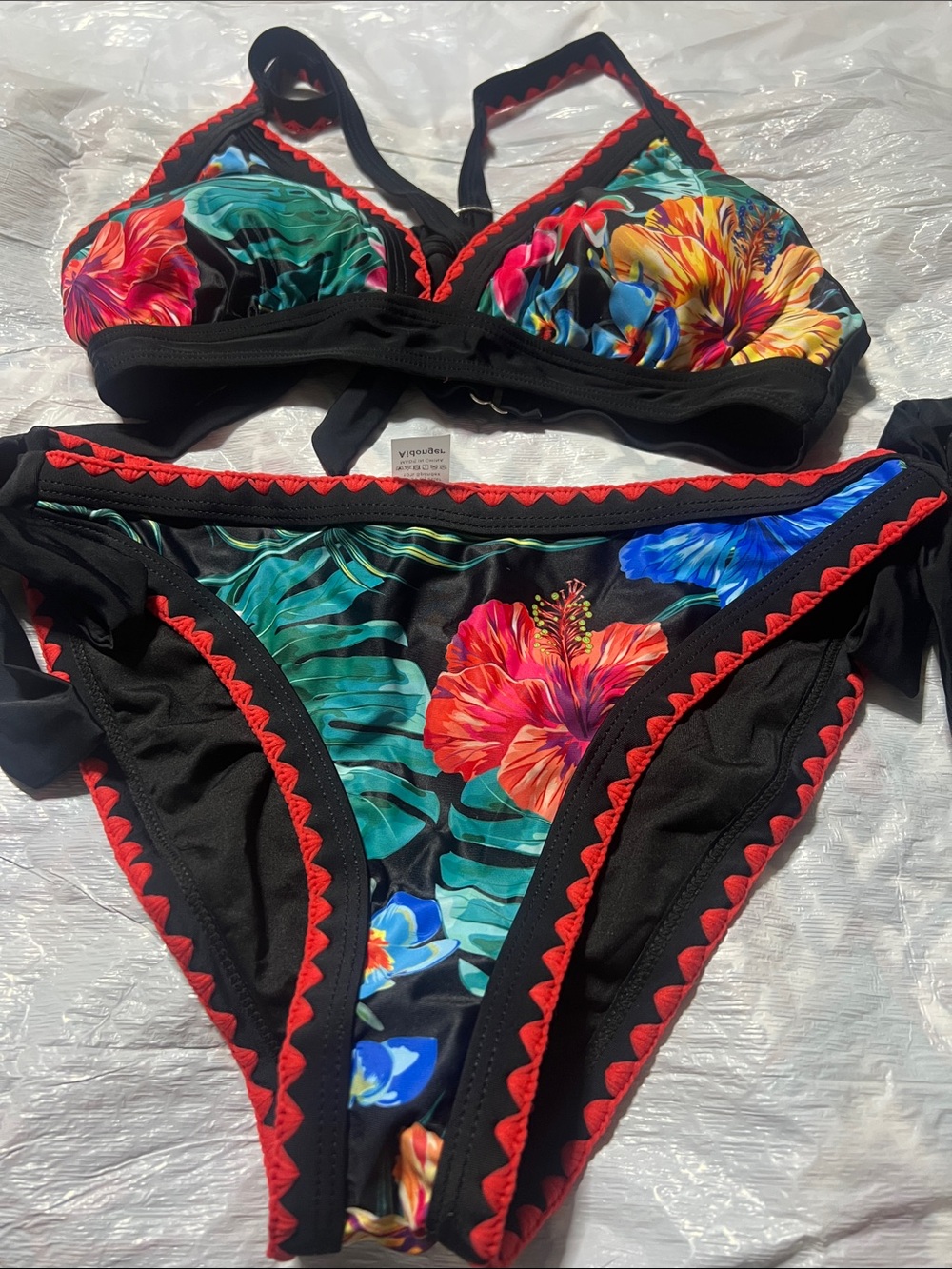 Aidonger Floral Trim Black Bikini Set - Vibrant Multicolor Hibiscus